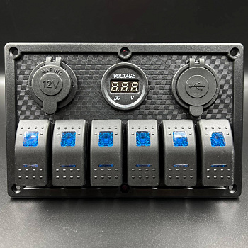 Панель управления (6 тумблеров вкл/выкл, 2 USB, розетка 12V, вольтметр) (PREMARINE)